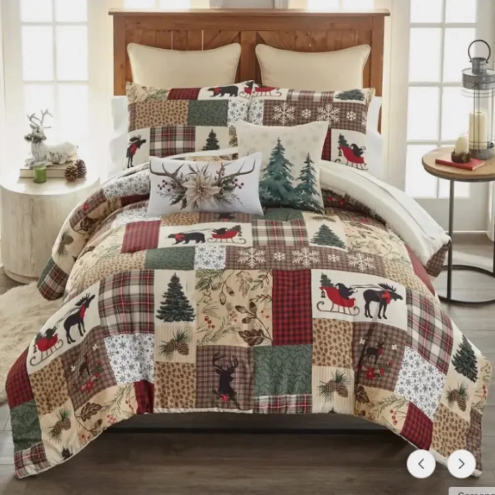 Christmas Holiday Patchwork King Comforter Set Holly Sleigh Plaid Farmhouse